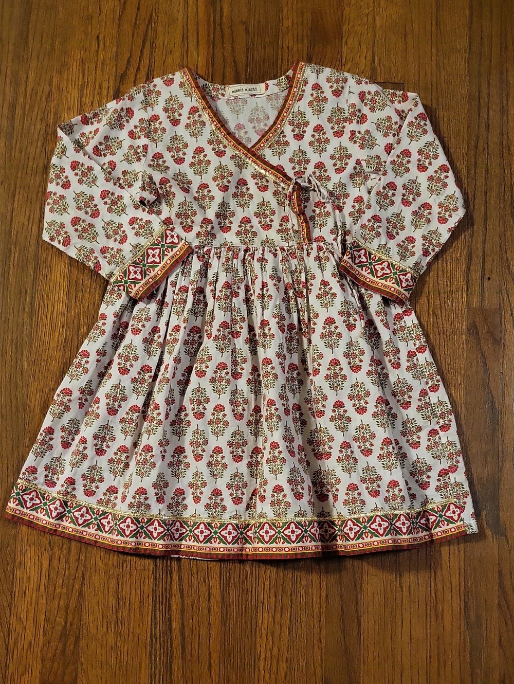 Mini Minors Boutique White Floral Wrap-Style Kids Dress with Red Accents